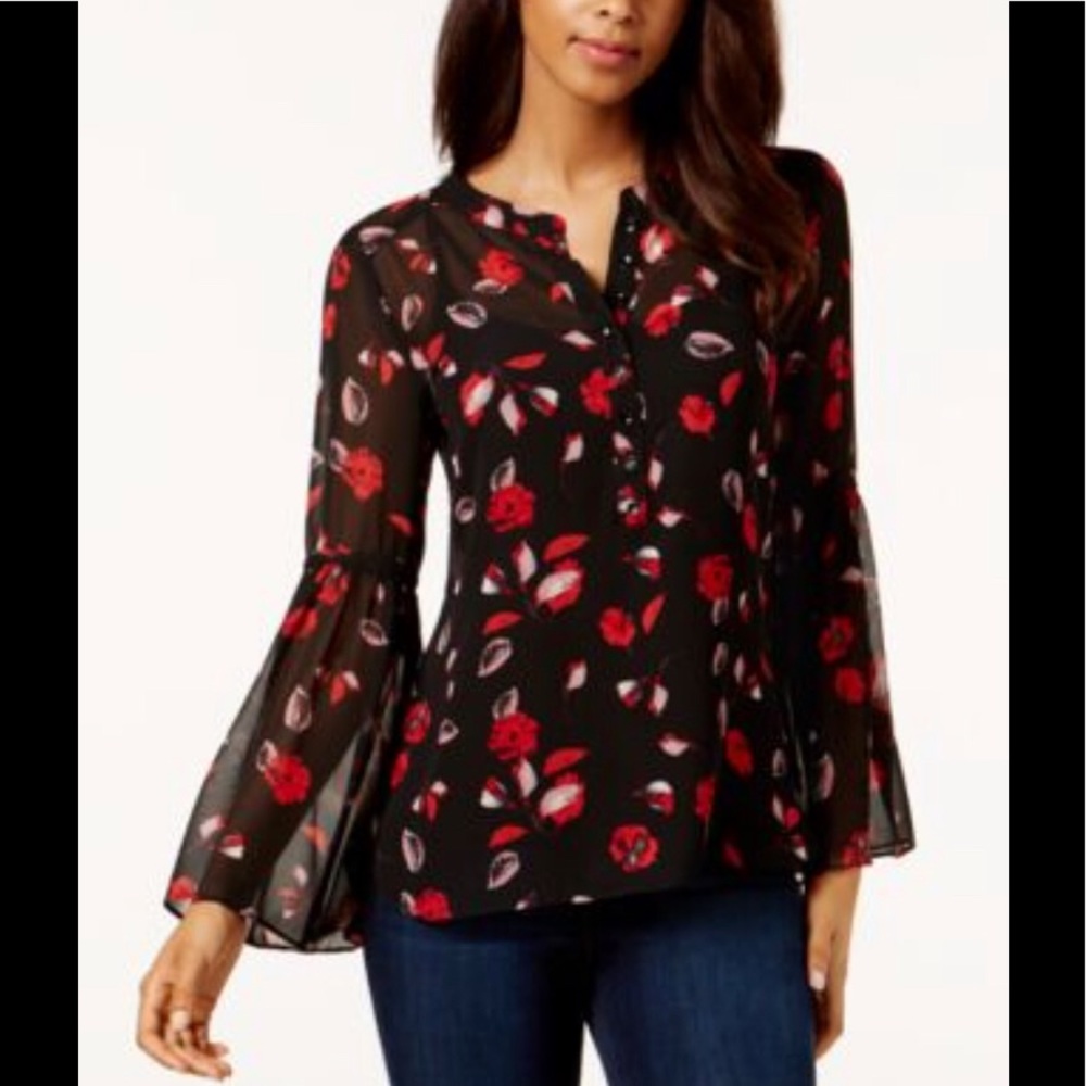 Kensie Black Red Sheer Hi-Low Floral Print Button Top Bell Sleeves
